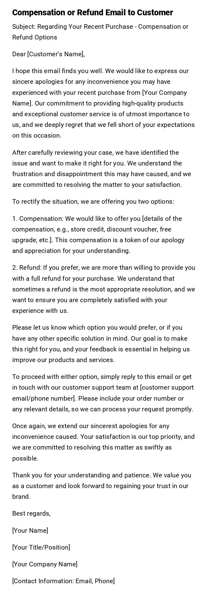 Compensation or Refund Email to Customer