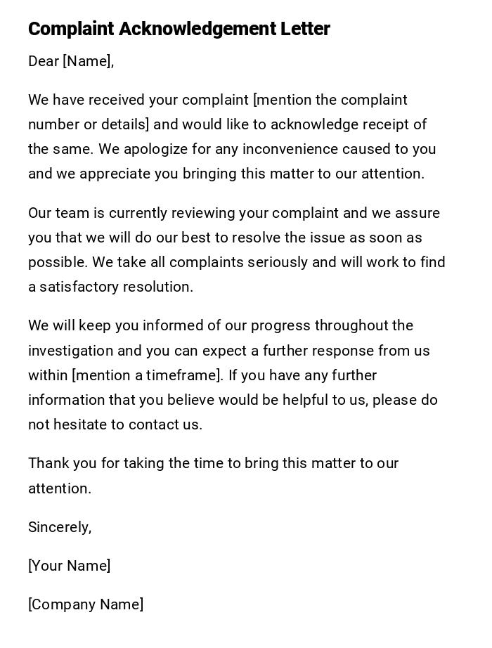 Complaint Acknowledgement Letter