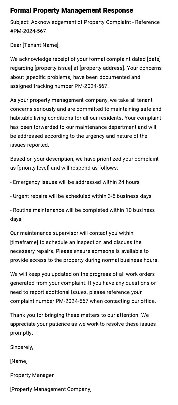 Formal Property Management Response Formal Property Management Response