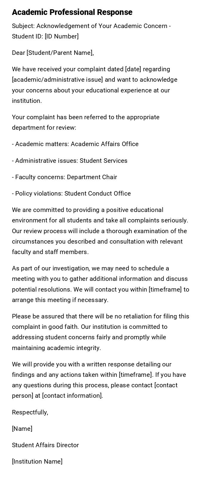 Academic Professional Response Academic Professional Response