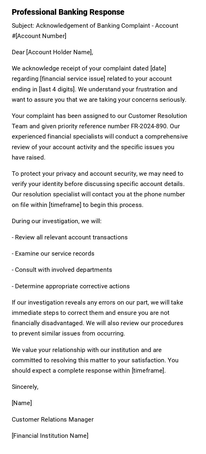 Professional Banking Response Professional Banking Response