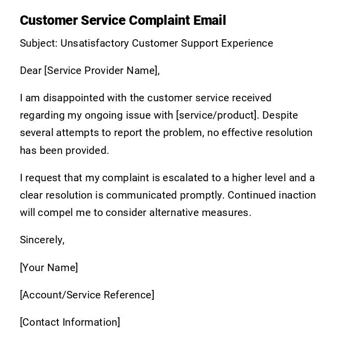 Customer Service Complaint Email Customer Service Complaint Email