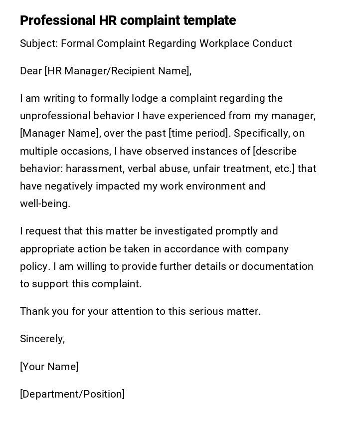 Professional HR complaint template Professional HR complaint template