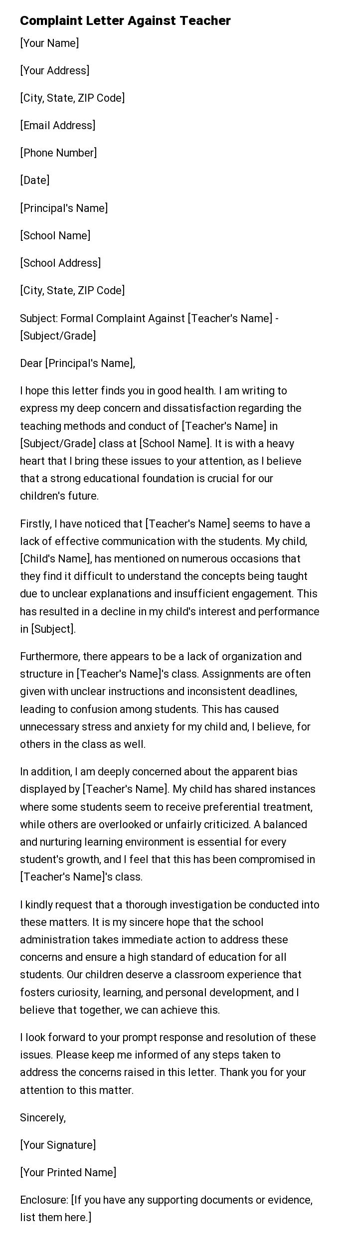 Complaint Letter Against Teacher