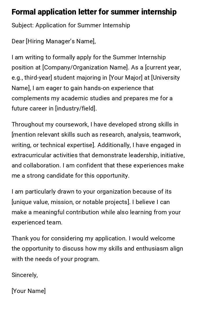 Formal application letter for summer internship Formal application letter for summer internship