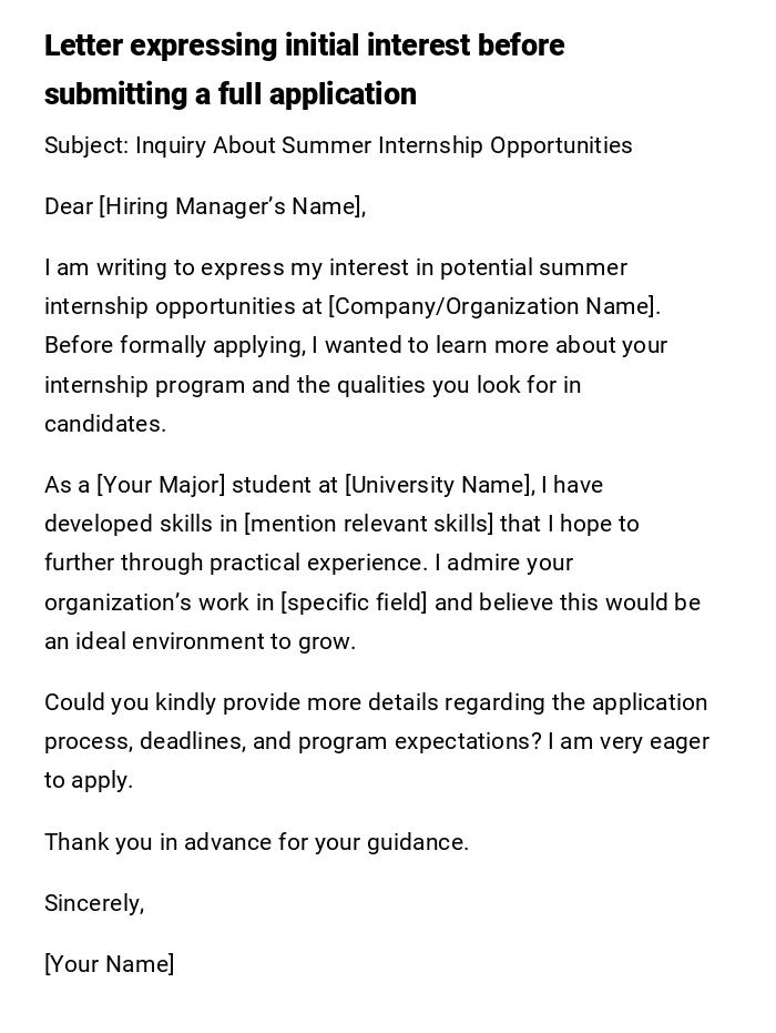 Letter expressing initial interest before submitting a full application Letter expressing initial interest before submitting a full application