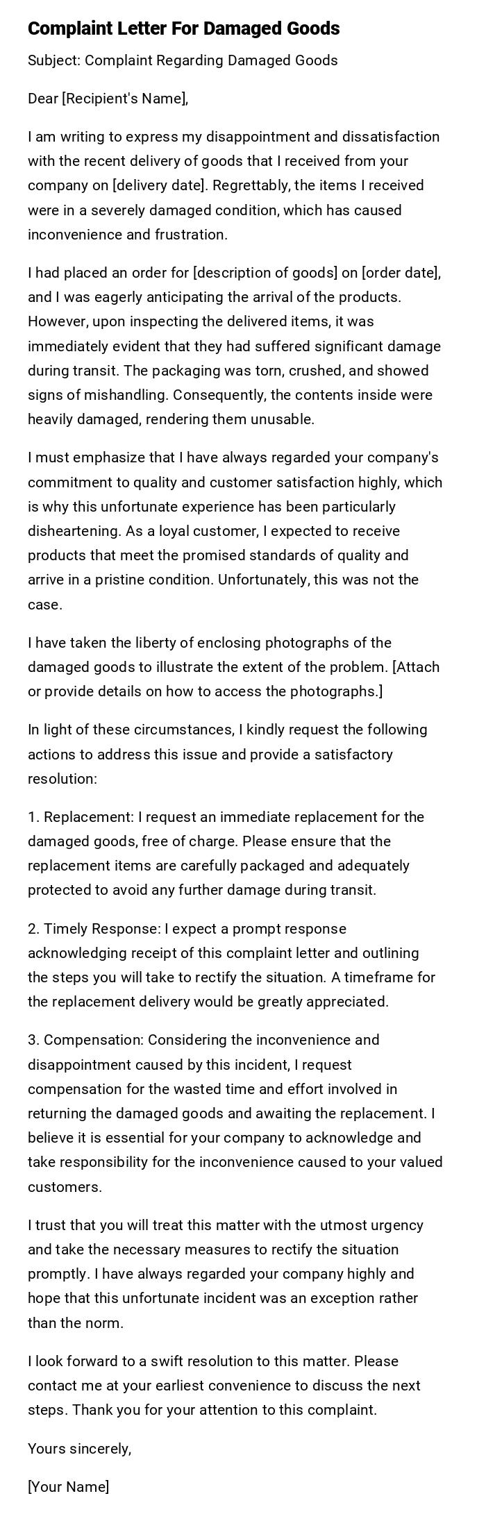 Complaint Letter For Damaged Goods