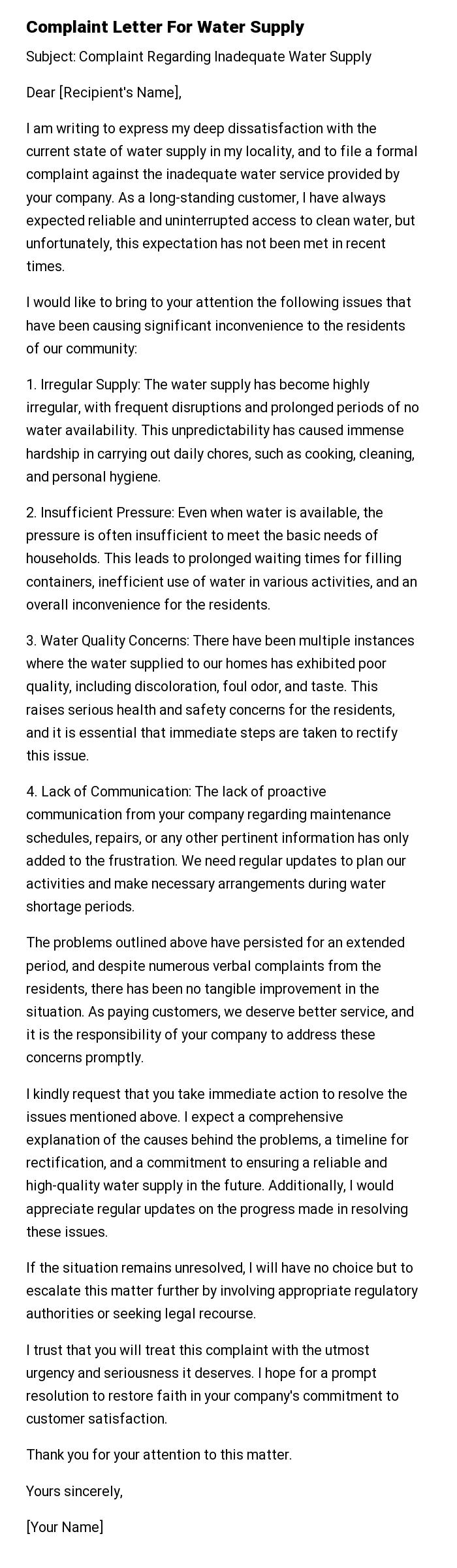 Complaint Letter For Water Supply