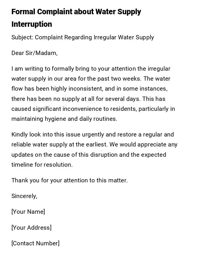 Formal Complaint about Water Supply Interruption