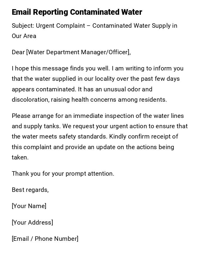 Email Reporting Contaminated Water