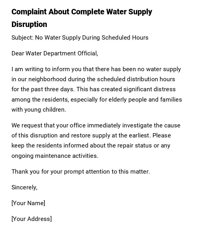 Complaint About Complete Water Supply Disruption