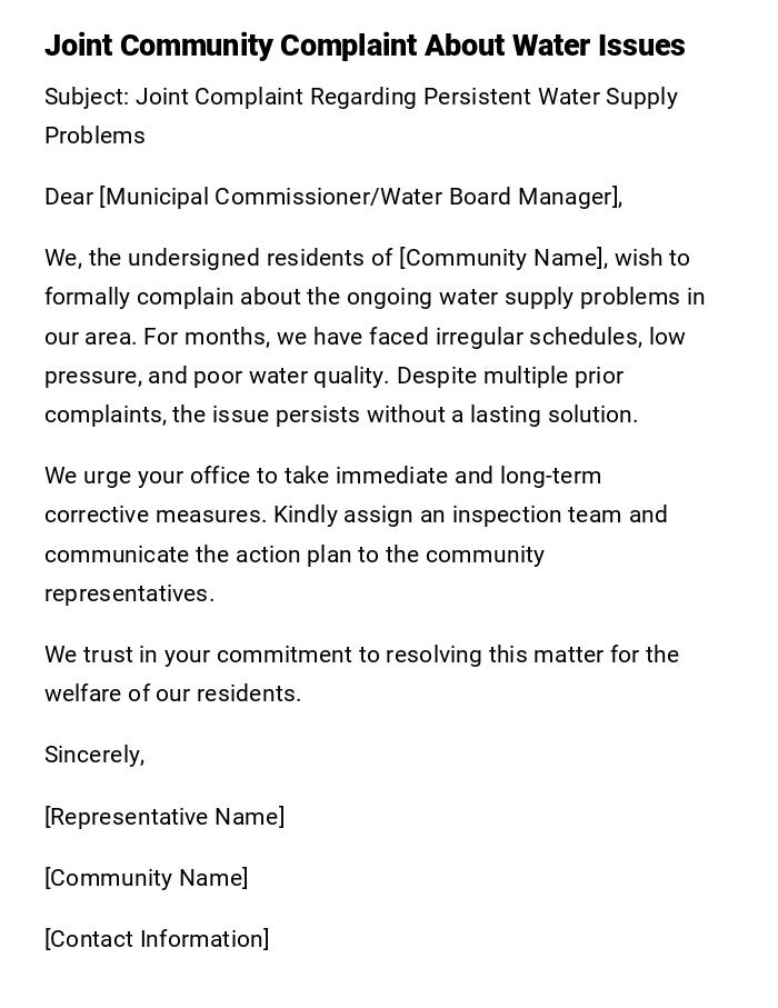 Joint Community Complaint About Water Issues