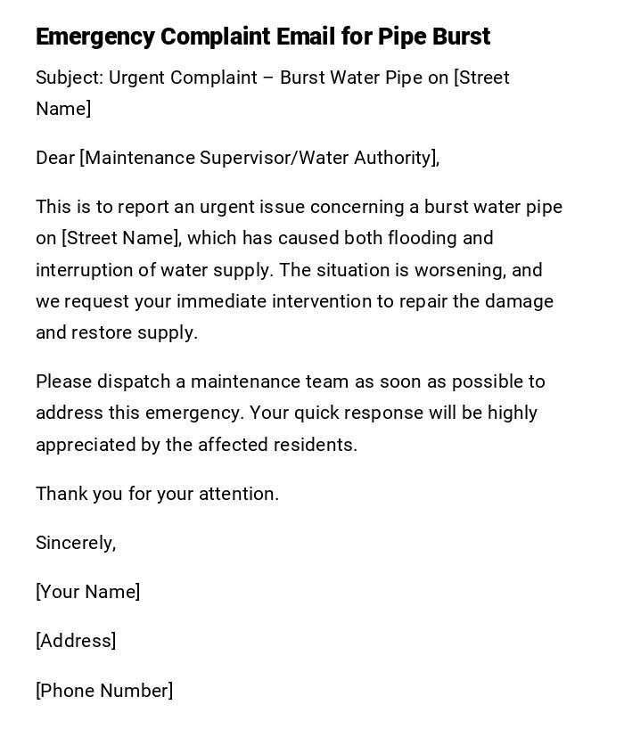 Emergency Complaint Email for Pipe Burst