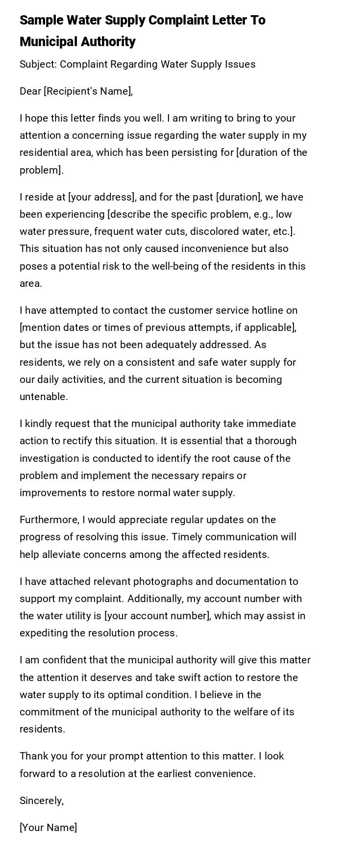 Sample Water Supply Complaint Letter To Municipal Authority