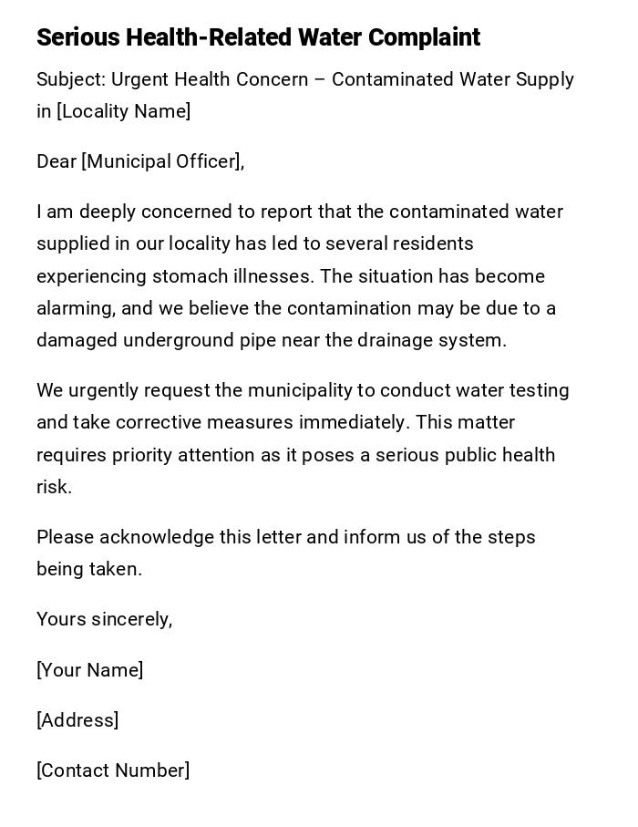 Serious Health-Related Water Complaint
