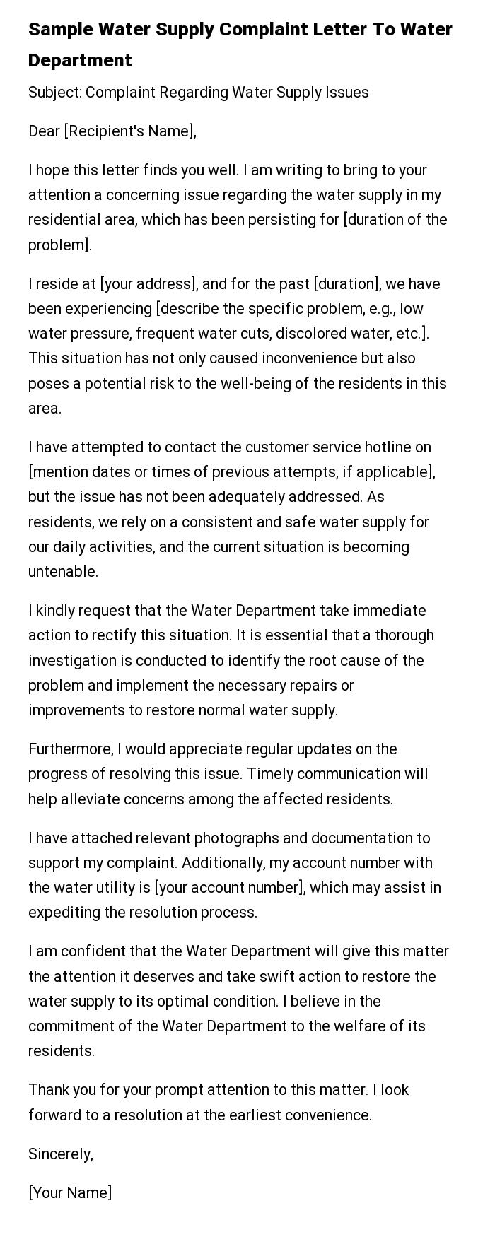 Sample Water Supply Complaint Letter To Water Department