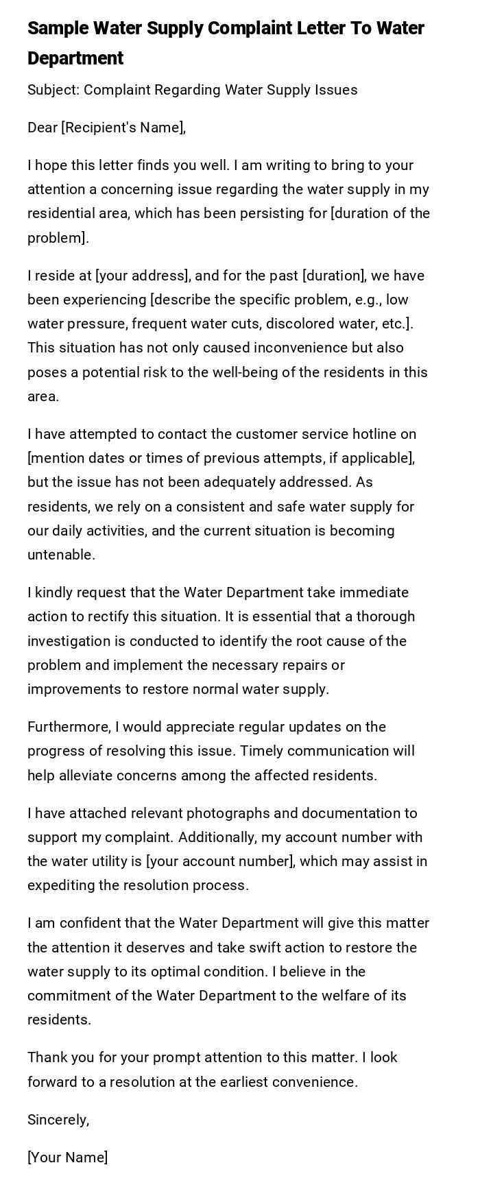 Sample Water Supply Complaint Letter To Water Department