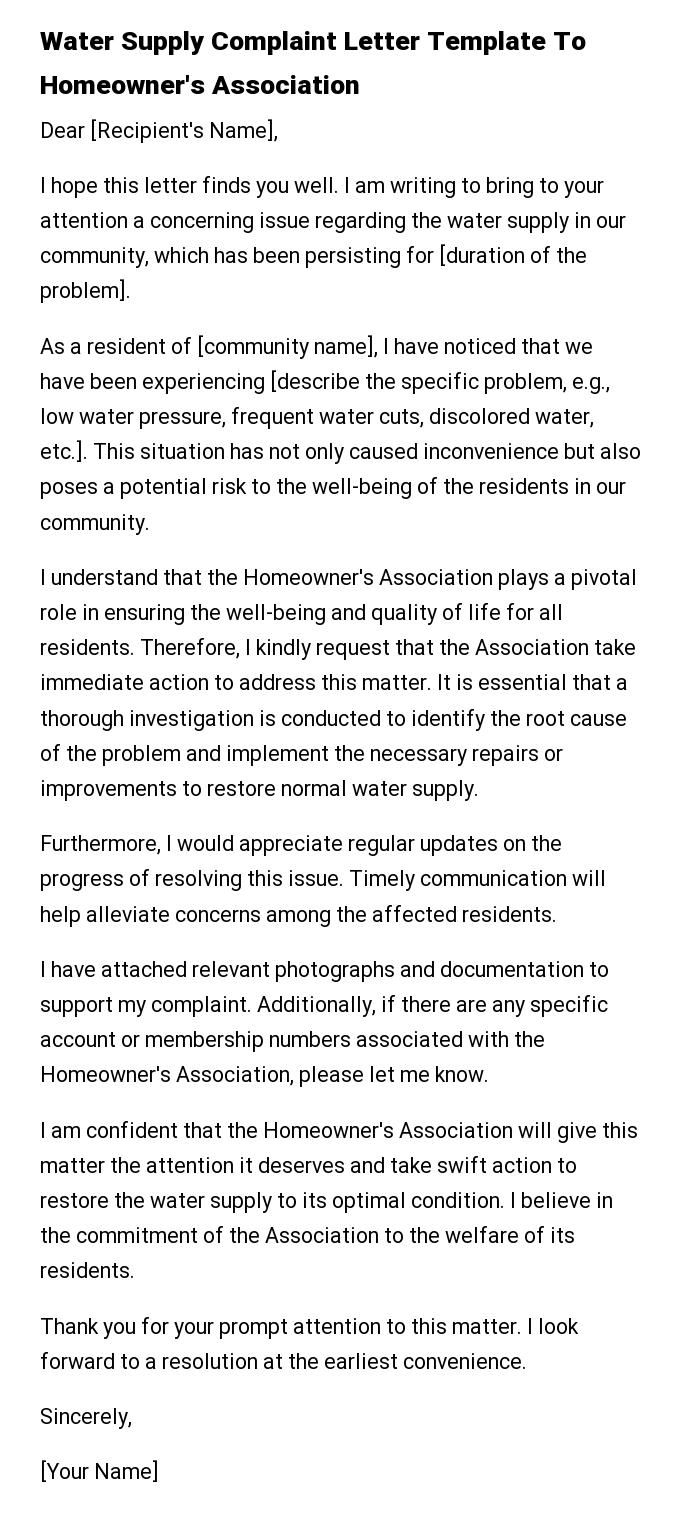 Water Supply Complaint Letter Template To Homeowner's Association