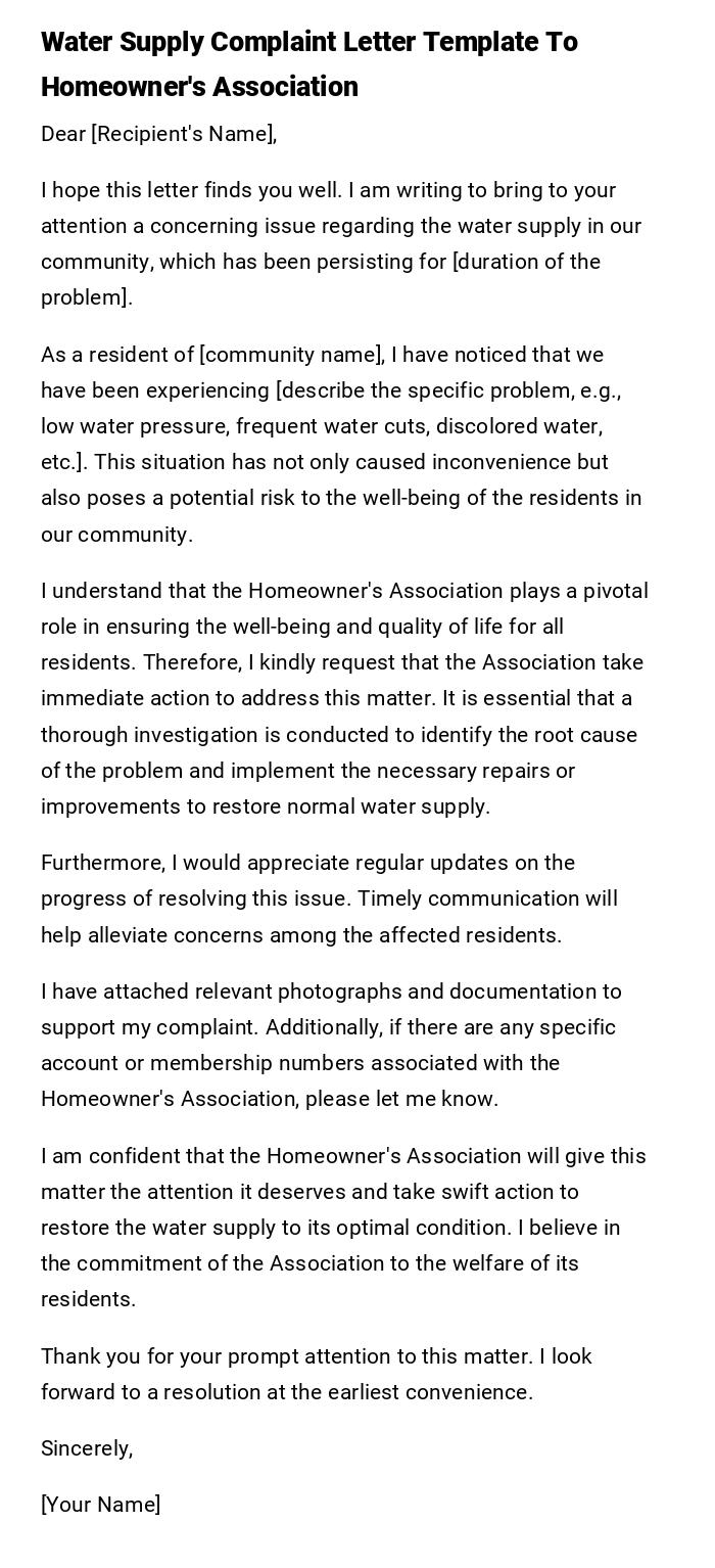 Water Supply Complaint Letter Template To Homeowner's Association