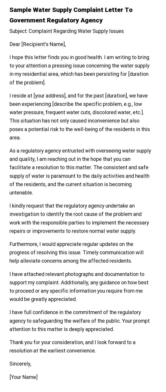 Sample Water Supply Complaint Letter To Government Regulatory Agency