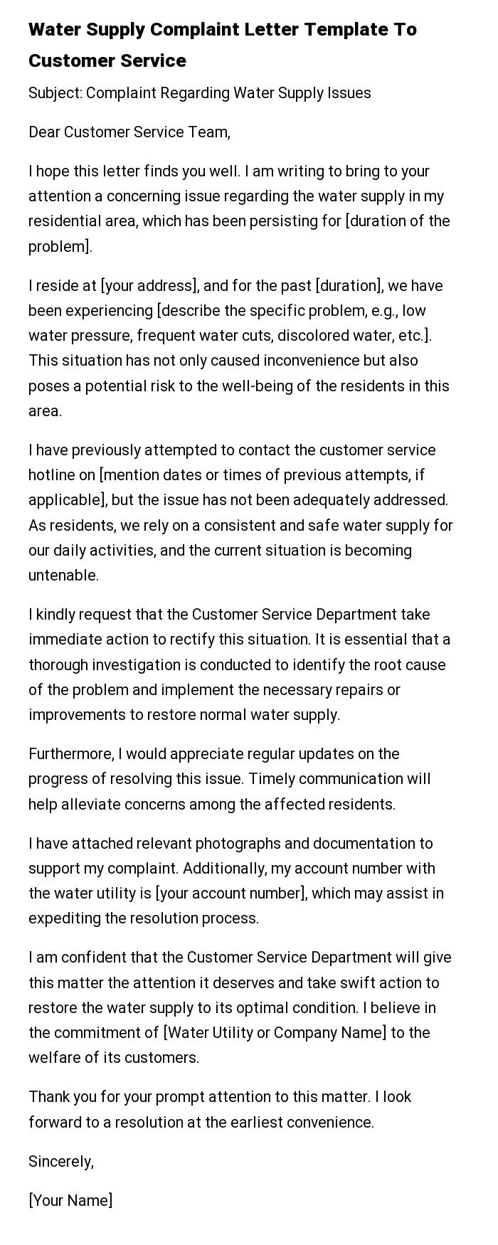 Water Supply Complaint Letter Template To Customer Service