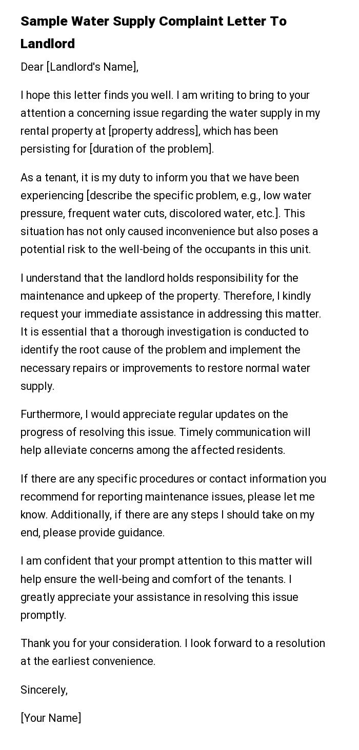 Sample Water Supply Complaint Letter To Landlord