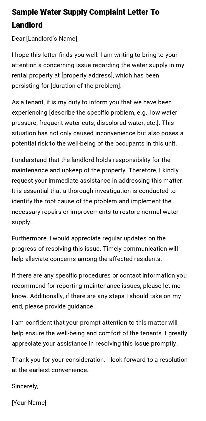 Sample Water Supply Complaint Letter To Landlord