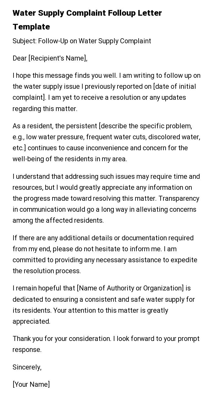 Water Supply Complaint Folloup Letter Template