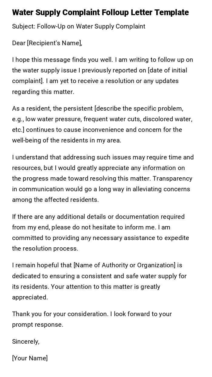 Water Supply Complaint Folloup Letter Template