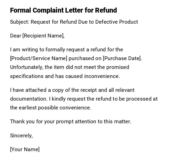 Formal Complaint Letter for Refund