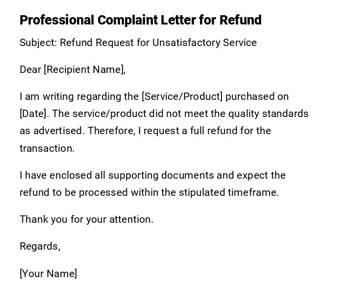 Professional Complaint Letter for Refund