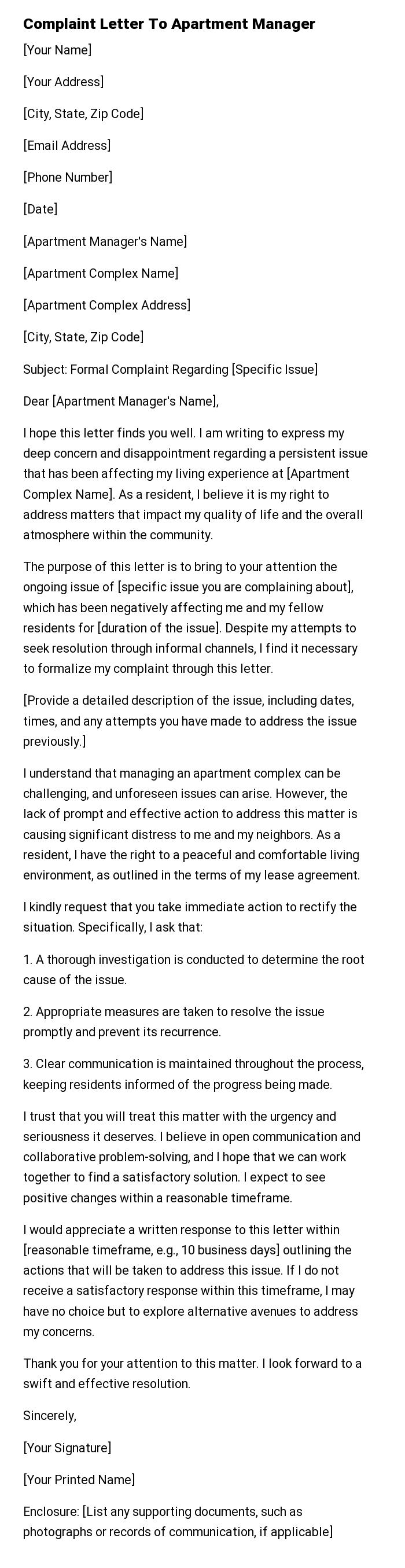 Complaint Letter To Apartment Manager
