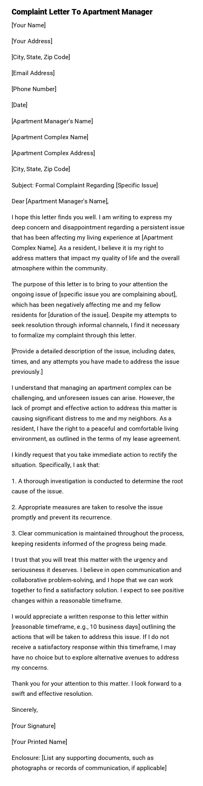 Complaint Letter To Apartment Manager