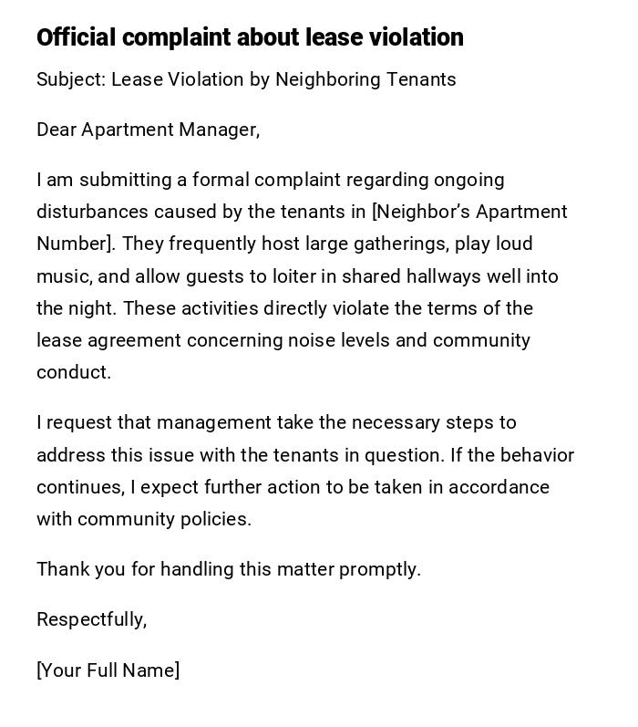 Official complaint about lease violation