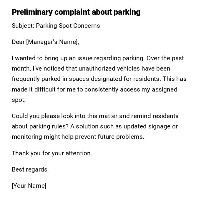 Preliminary complaint about parking