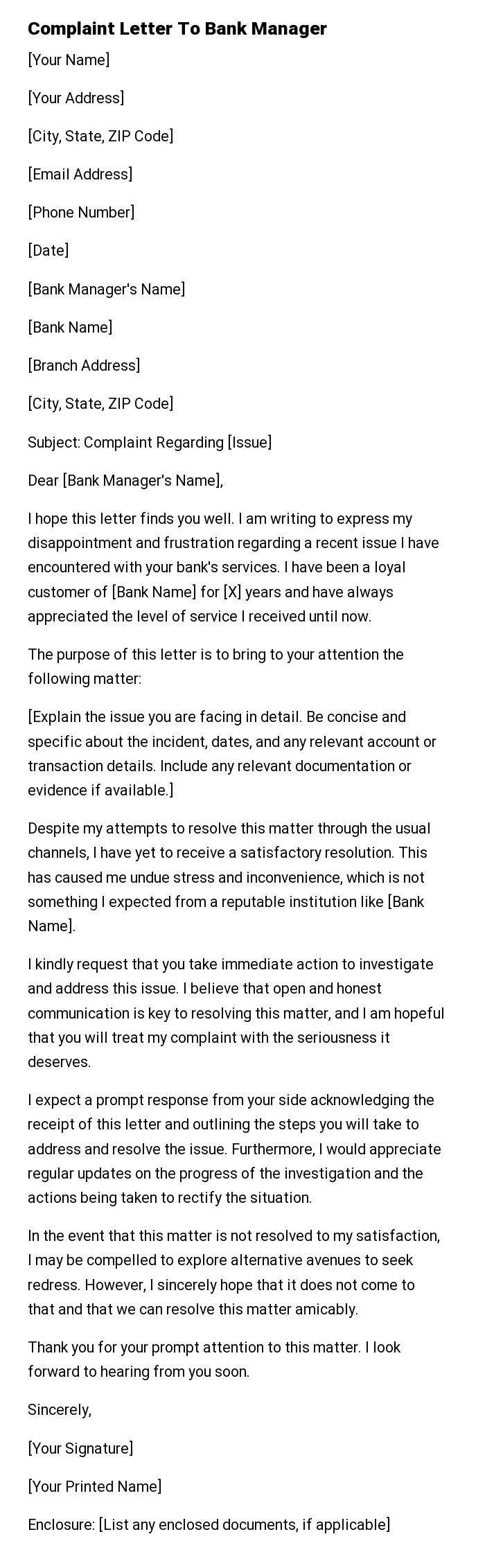 Complaint Letter To Bank Manager
