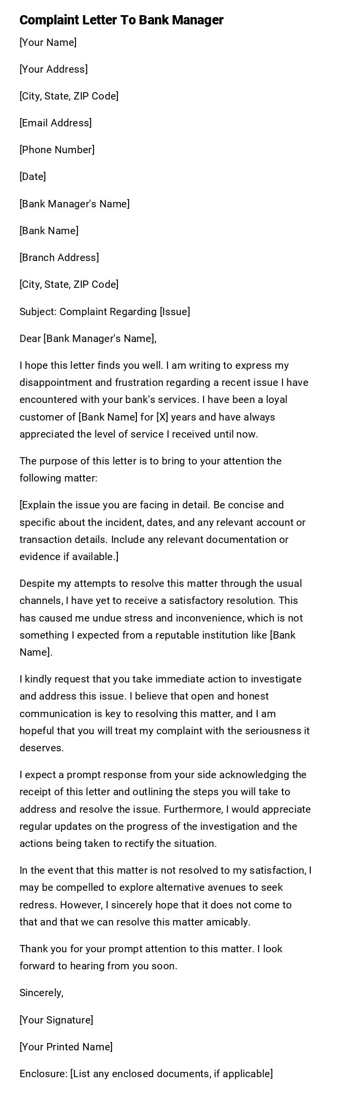 Complaint Letter To Bank Manager