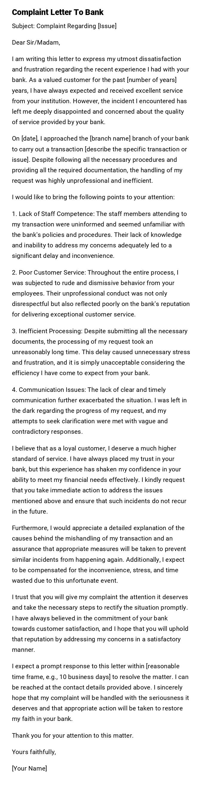 Complaint Letter To Bank