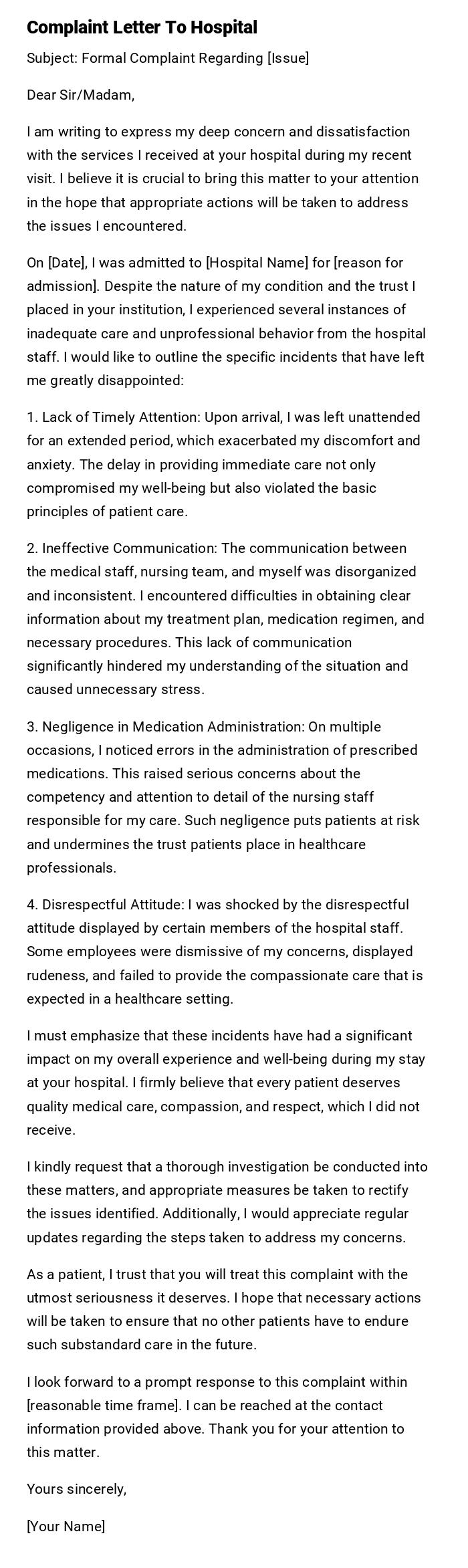 Complaint Letter To Hospital