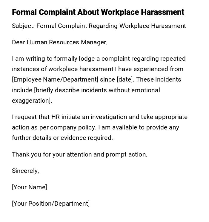 Formal Complaint About Workplace Harassment