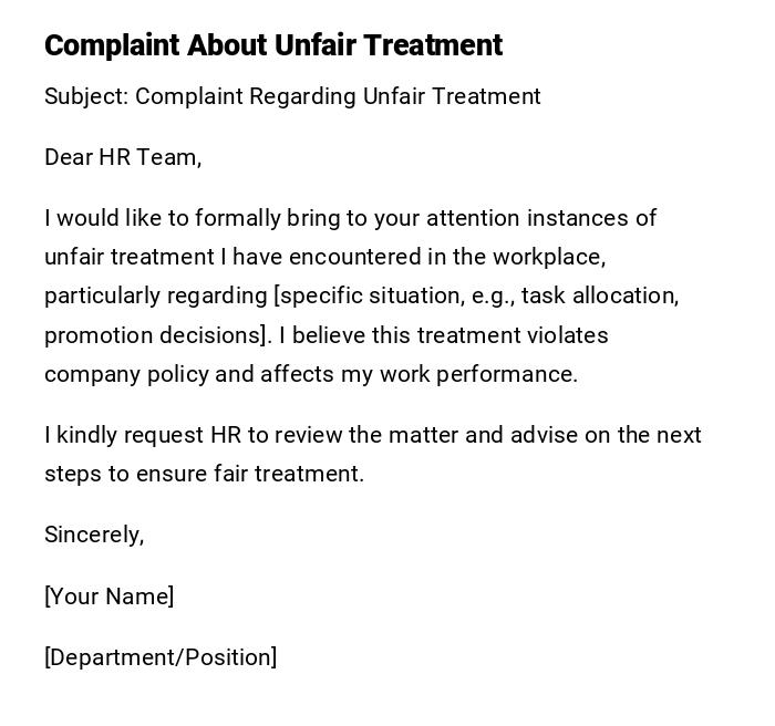 Complaint About Unfair Treatment