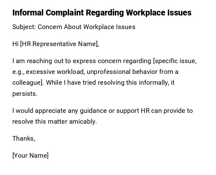 Informal Complaint Regarding Workplace Issues