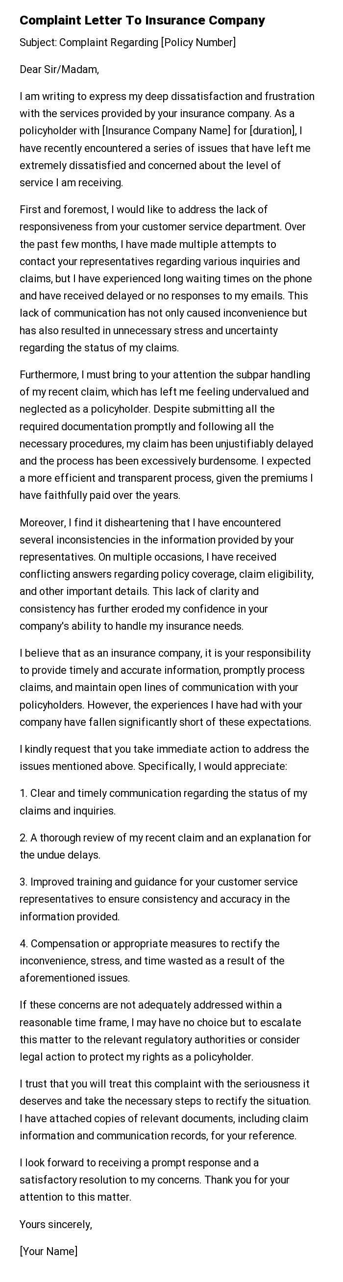 Complaint Letter To Insurance Company