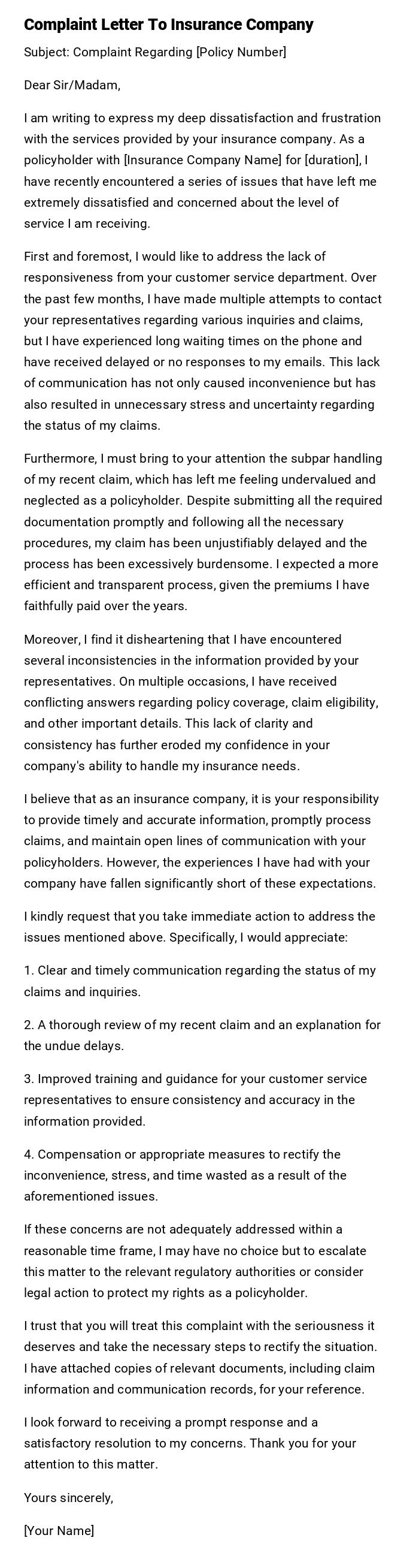 Complaint Letter To Insurance Company