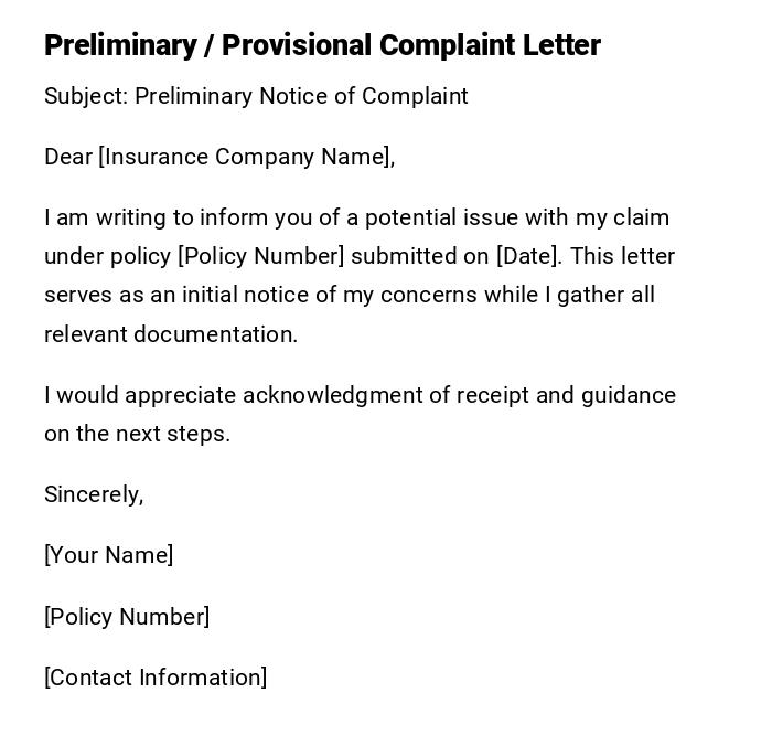 Preliminary / Provisional Complaint Letter Preliminary / Provisional Complaint Letter