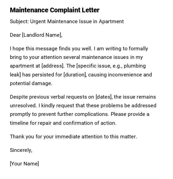Maintenance Complaint Letter