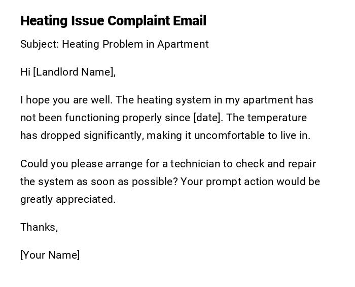Heating Issue Complaint Email