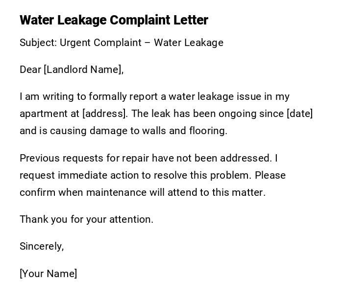 Water Leakage Complaint Letter