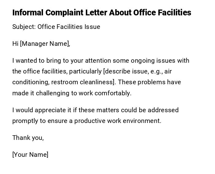 Informal Complaint Letter About Office Facilities Informal Complaint Letter About Office Facilities