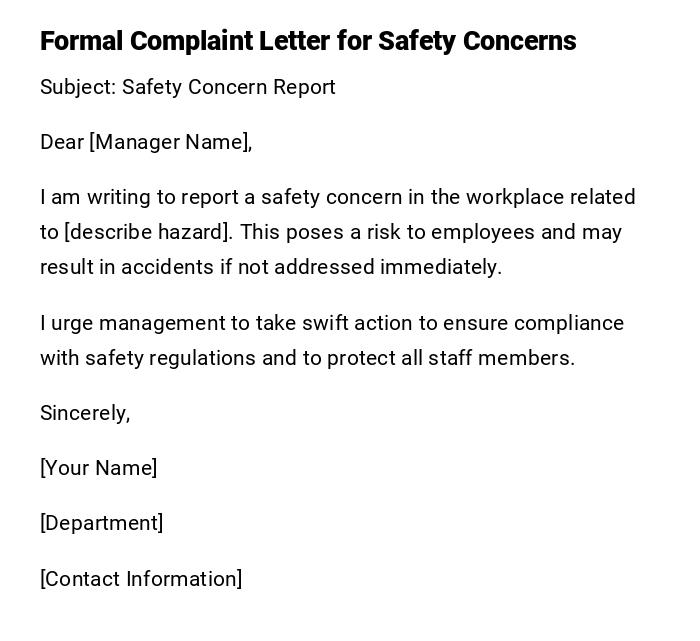 Formal Complaint Letter for Safety Concerns Formal Complaint Letter for Safety Concerns